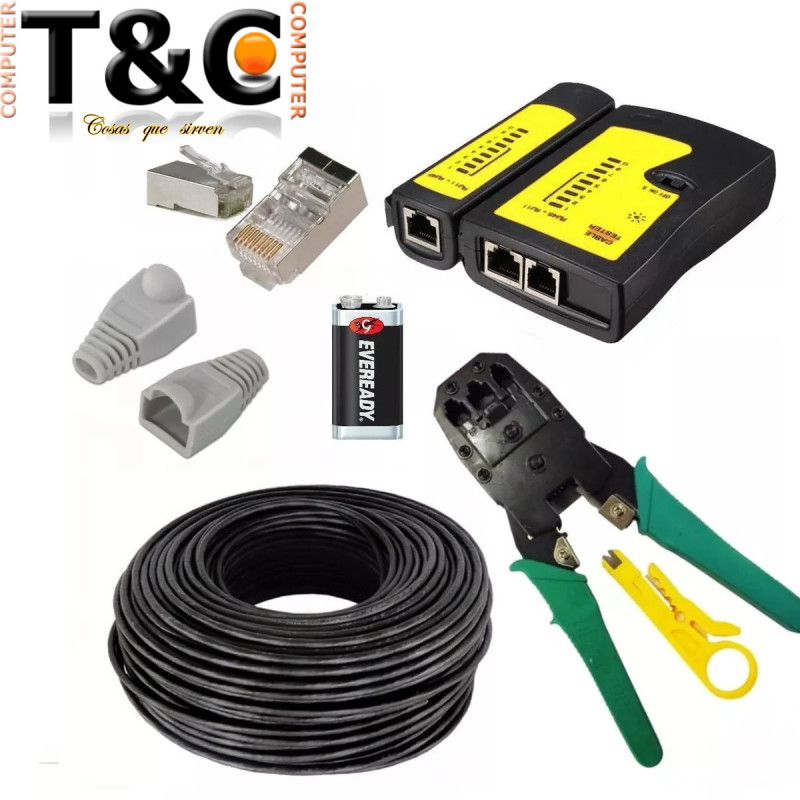 PACK CRIMP.VERDE+50MTS CAT5E EXT+10RJ-45 BLIND+10 CAPUCHONES+TESTER+BATERIA