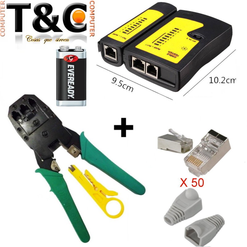 PACK CRIMP. RJ45+TESTER UTP+BATERIA 9V+50 RJ45 CAT5E + CAPUCHONES