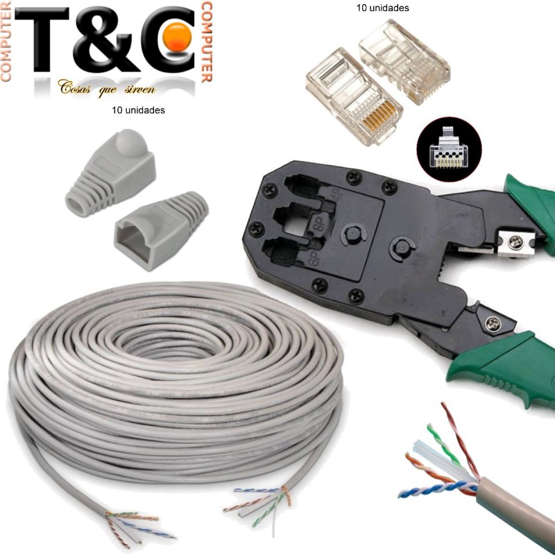 PACK CRIMPEADORA RJ45 + 50MTS UTP CAT6 + 10 RJ-45 PL+10 CAPUCHONES