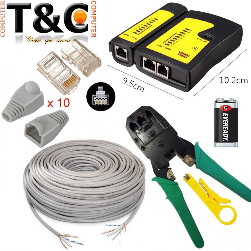 PACK 100MTS CAT6 INT+CRIMPEAD+10 RJ-45 PL 10+CAPUCHONES+TESTER+BATERIA